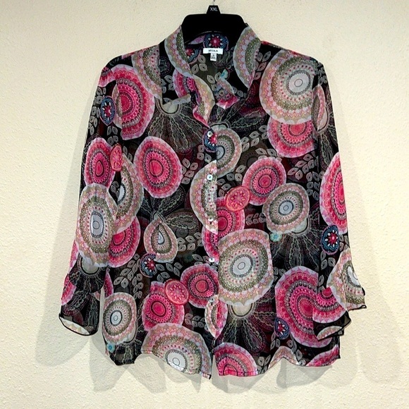 Nicola Vintage Sheer Button Up Blouse size Large contemporary abstract Boho - Picture 1 of 8